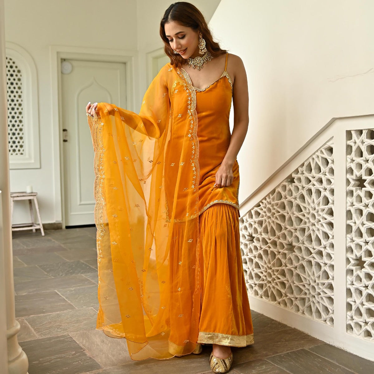 Mustard Velvet Sharara Set