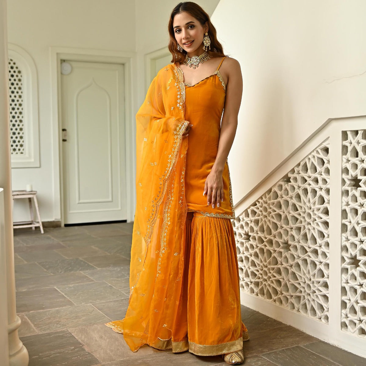 Mustard Velvet Sharara Set