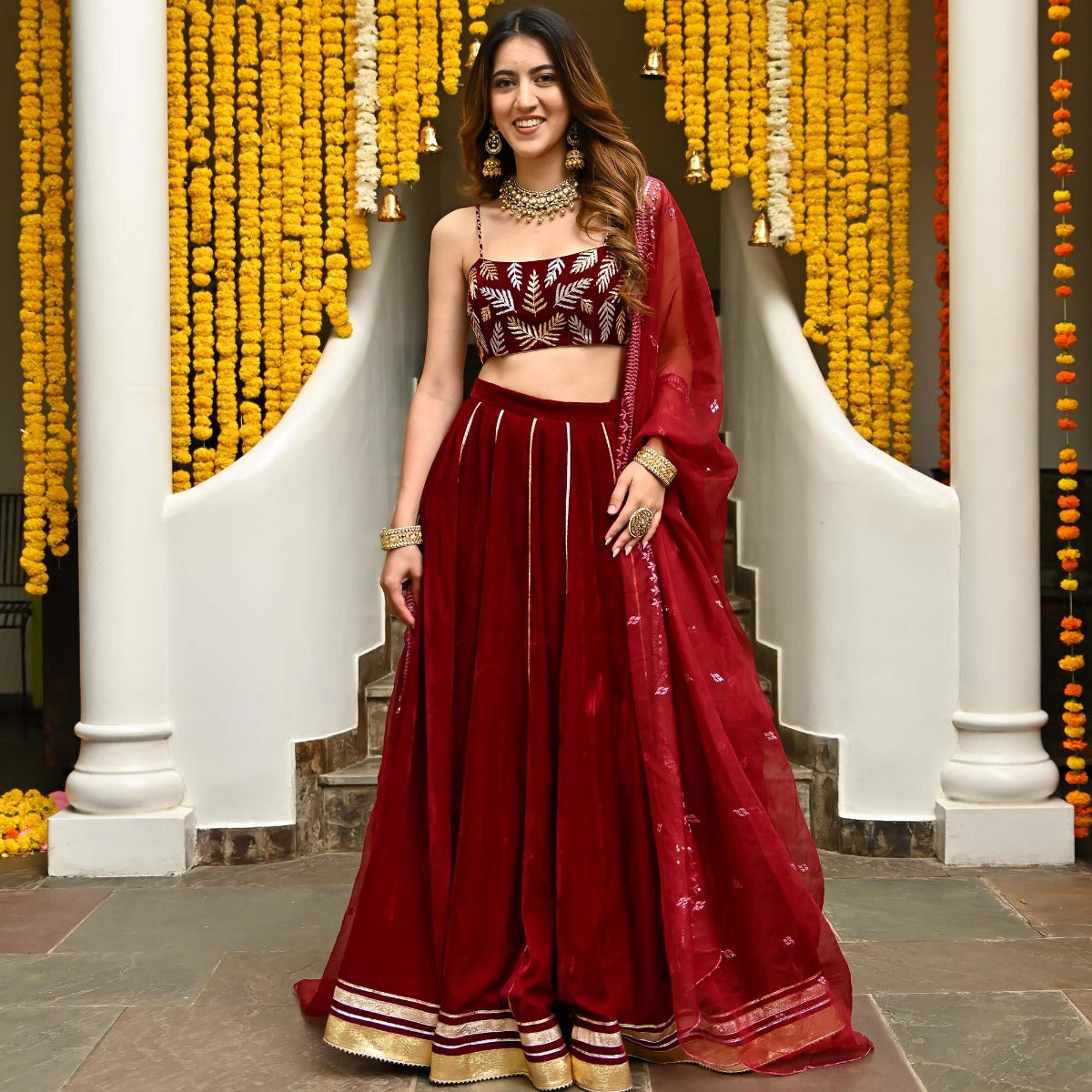 Maroon Velvet Lehenga Set