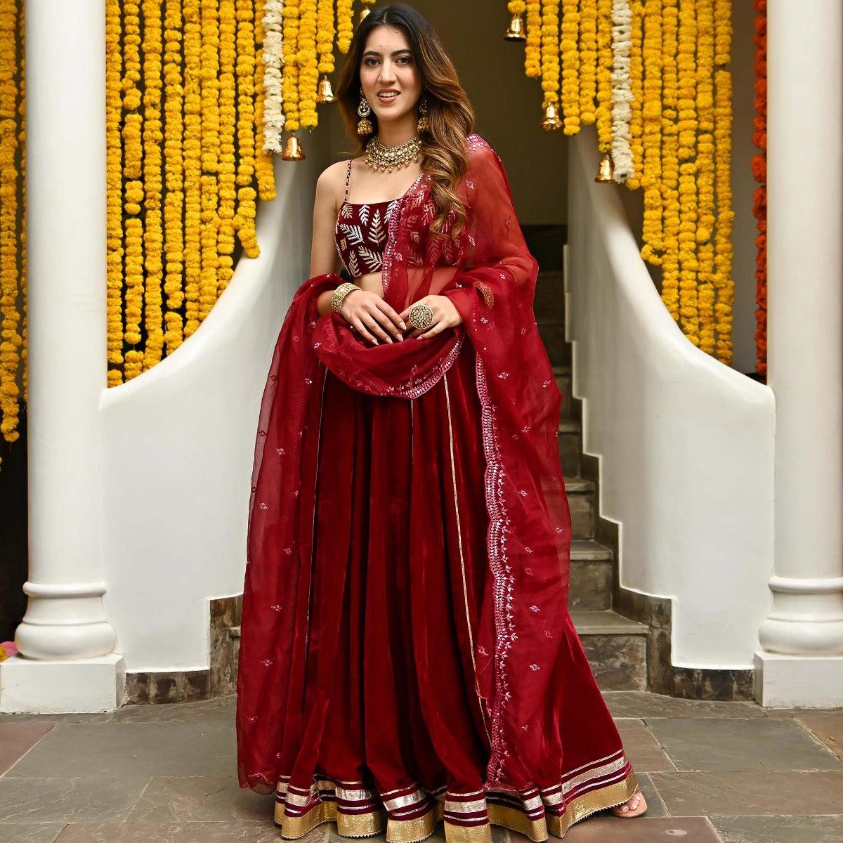 Maroon Velvet Lehenga Set