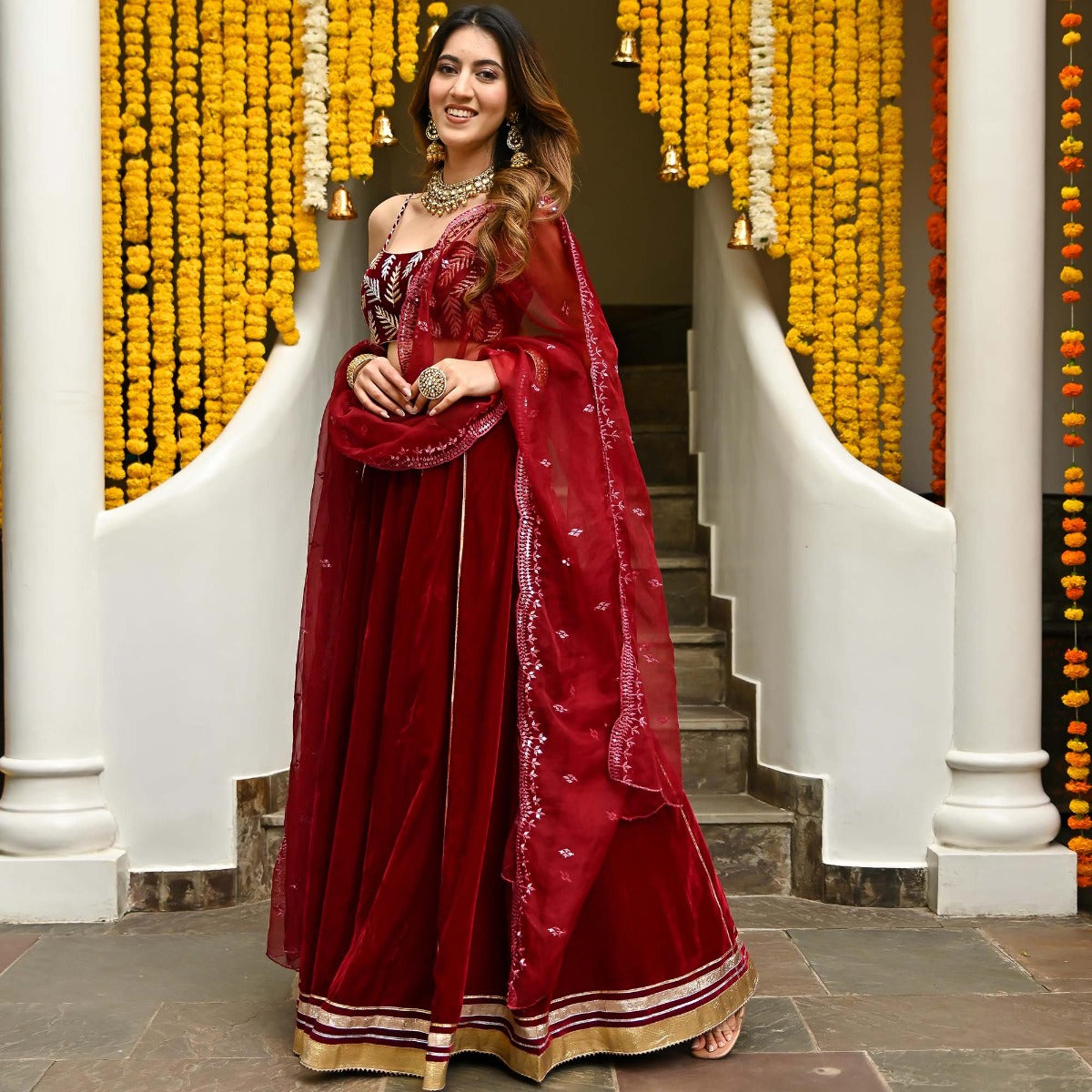 Maroon Velvet Lehenga Set