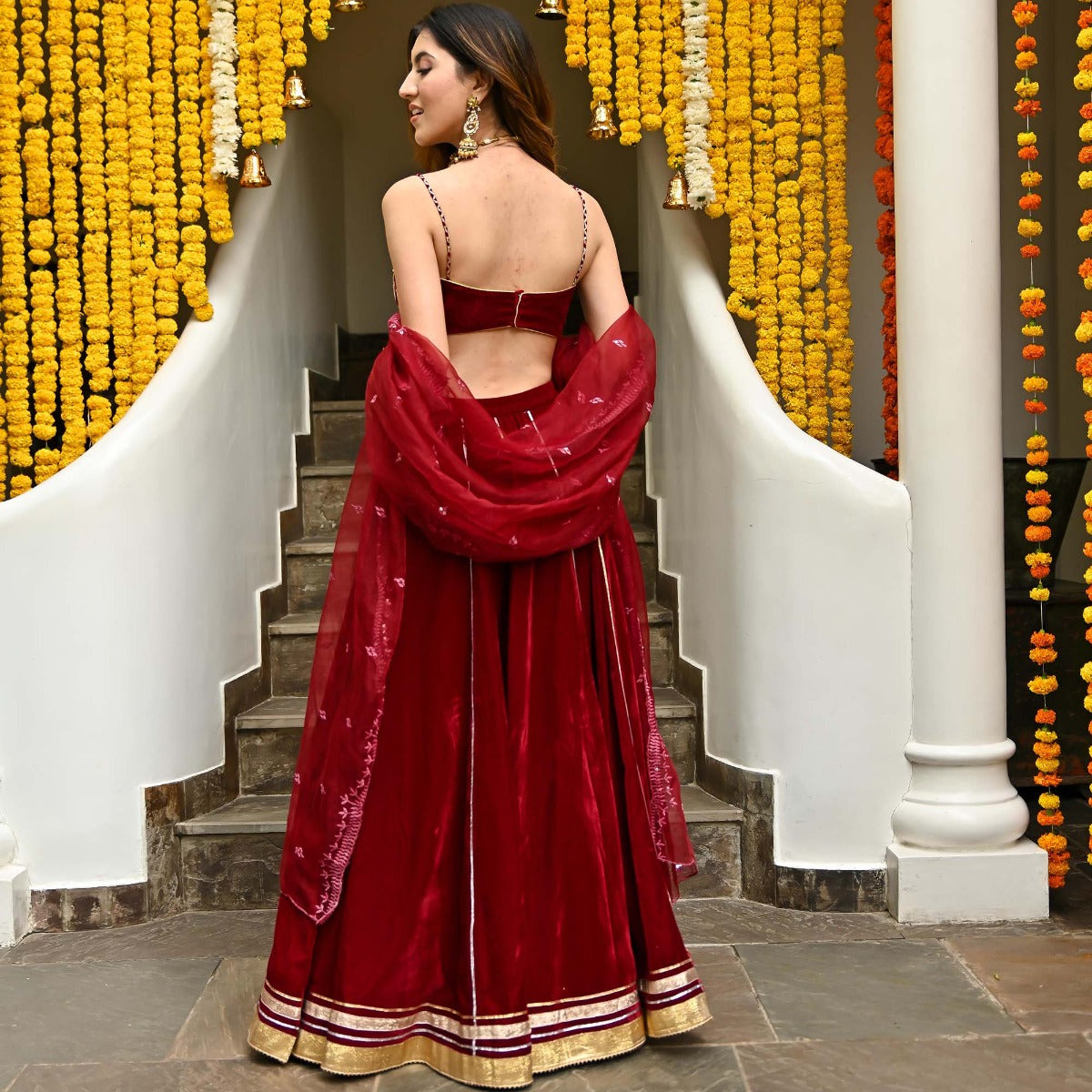 Maroon Velvet Lehenga Set