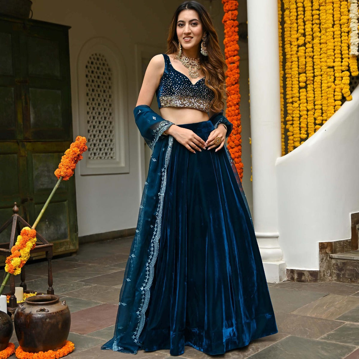 Blue Velvet Lehenga Set