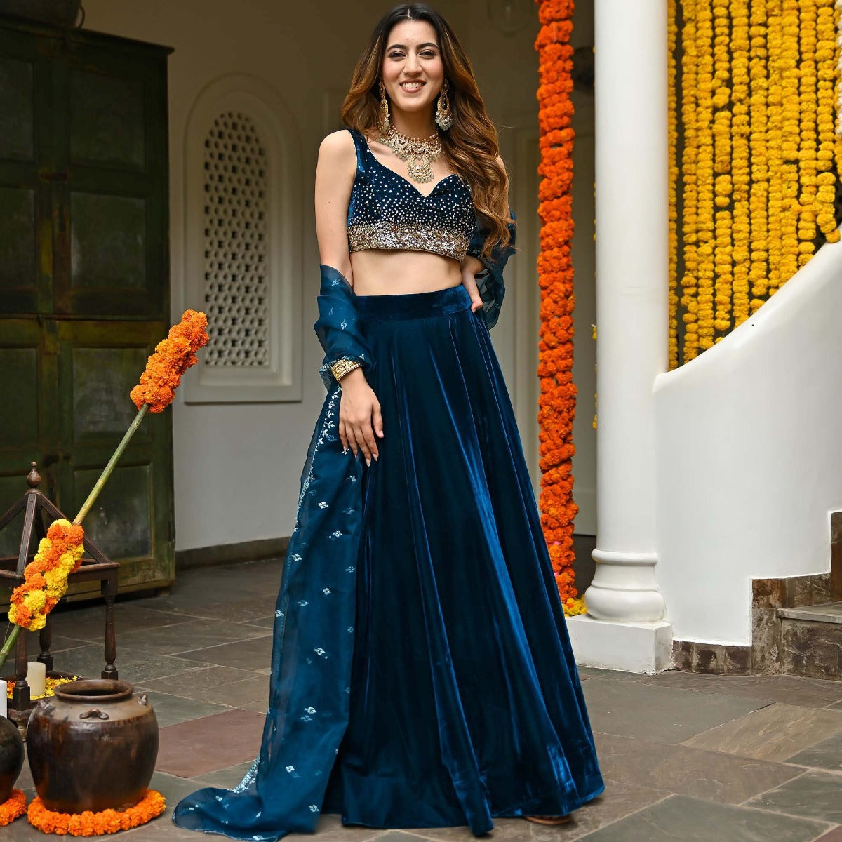 Blue Velvet Lehenga Set