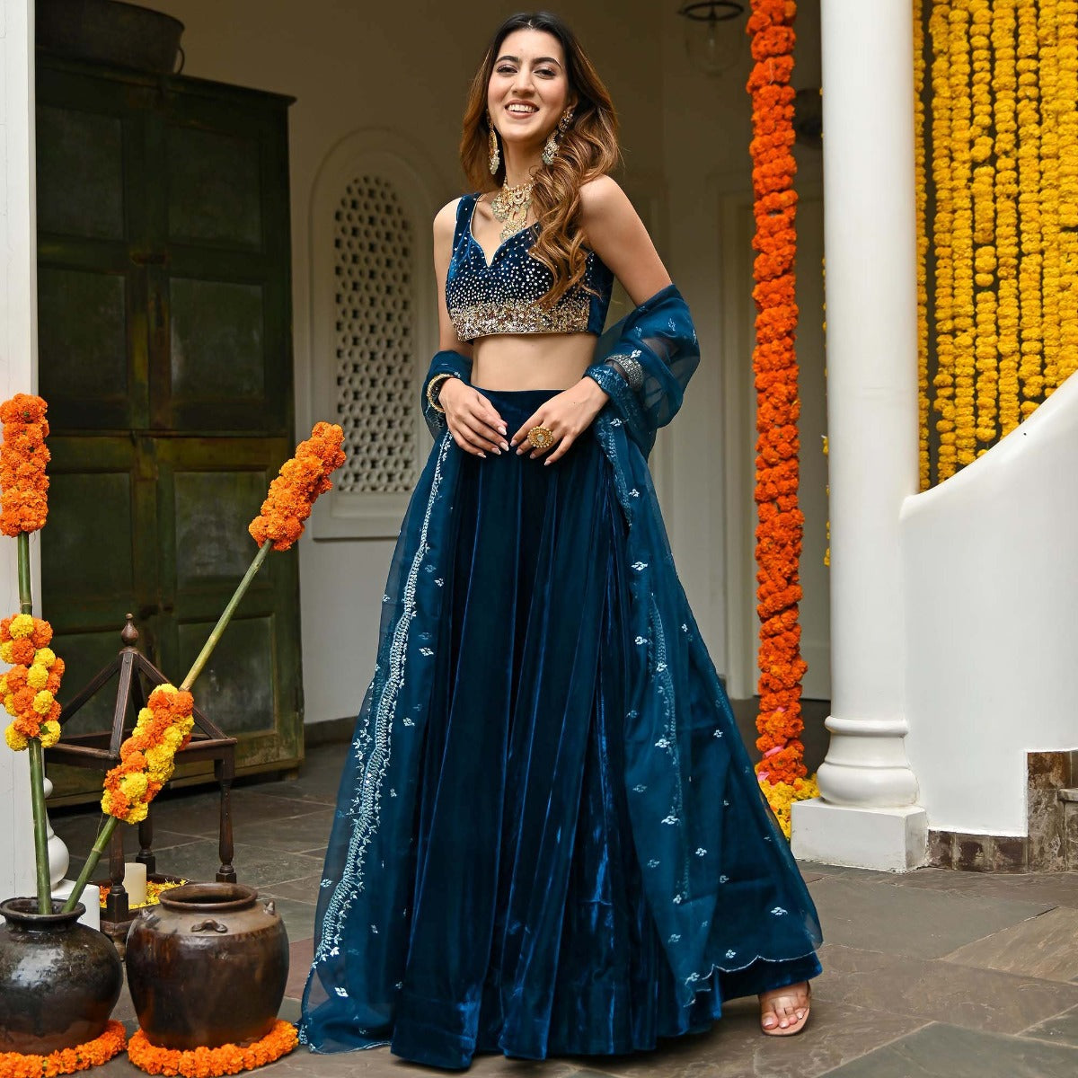 Blue Velvet Lehenga Set