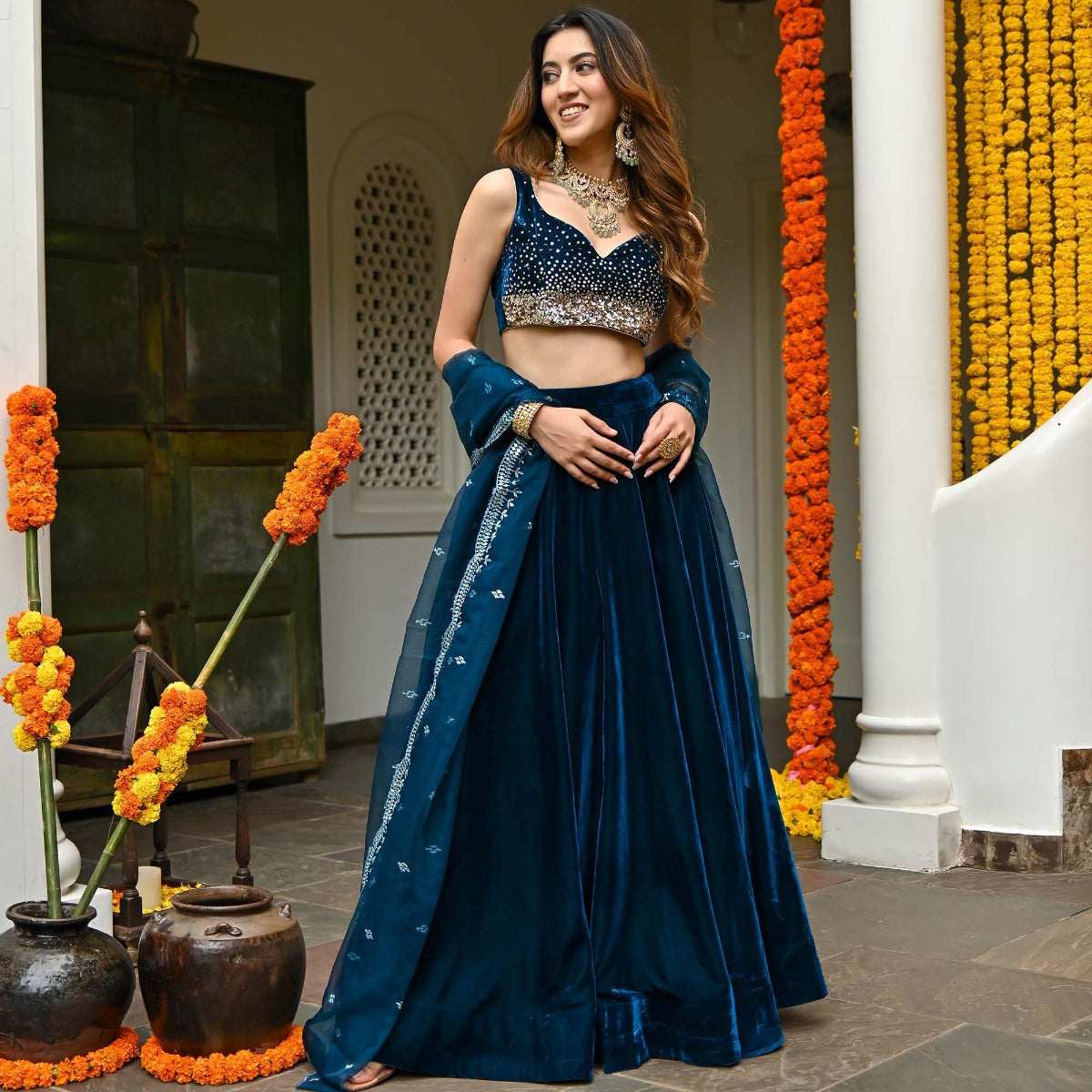 Blue Velvet Lehenga Set