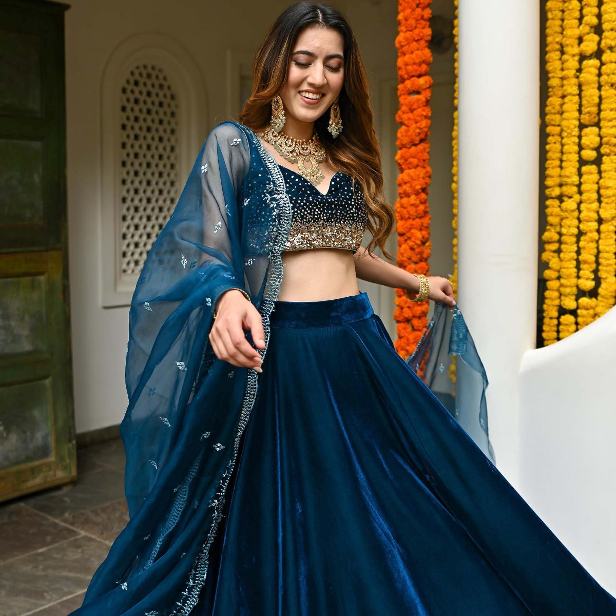 Blue Velvet Lehenga Set