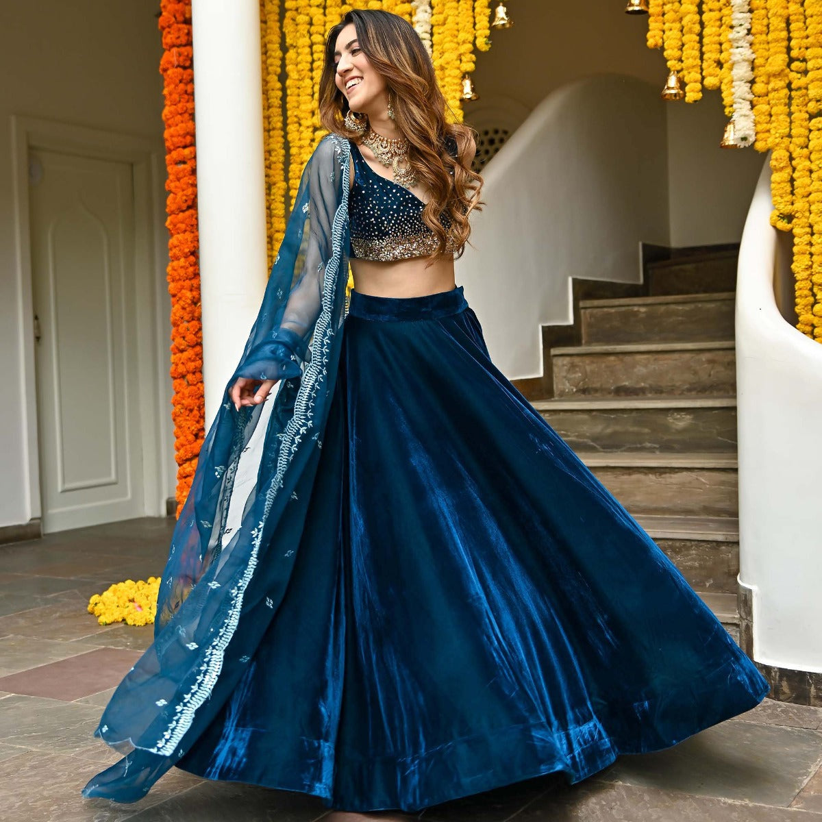 Blue Velvet Lehenga Set