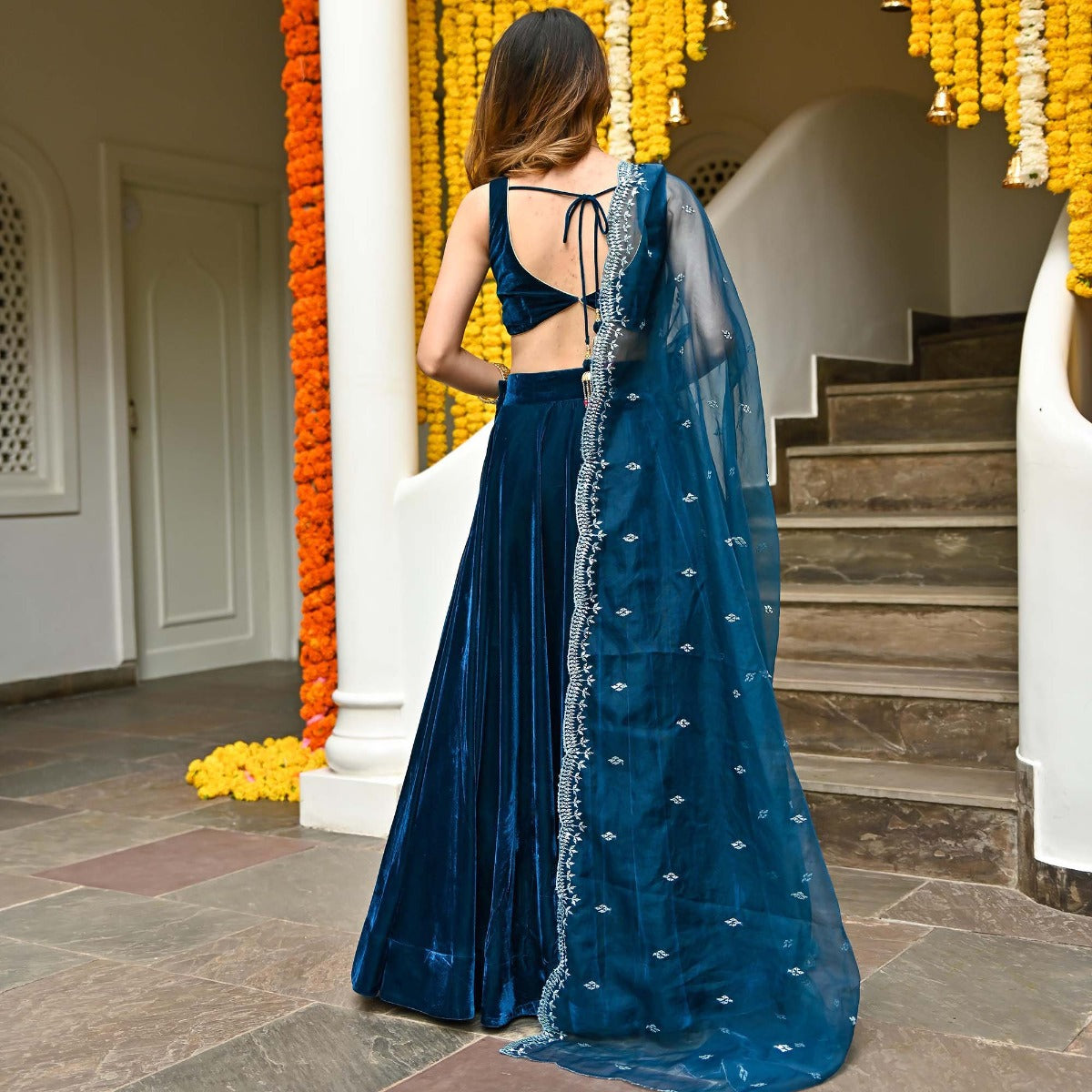 Blue Velvet Lehenga Set