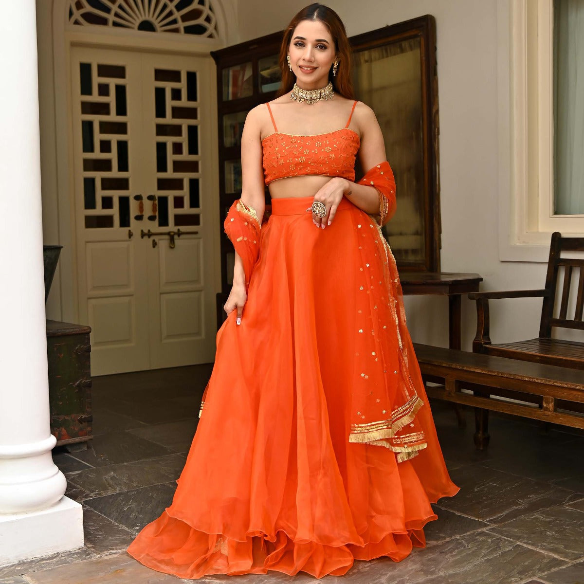 Orange Organza Lehenga