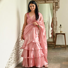 Pink Sequin Organza Ruffle Saree