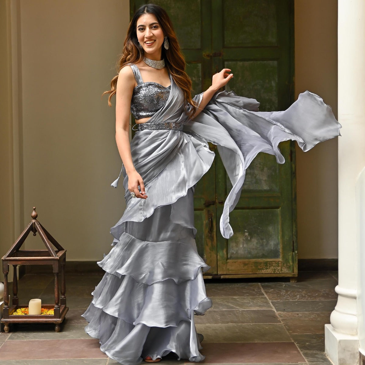 Grey Sequins Organza Ruffle Saree