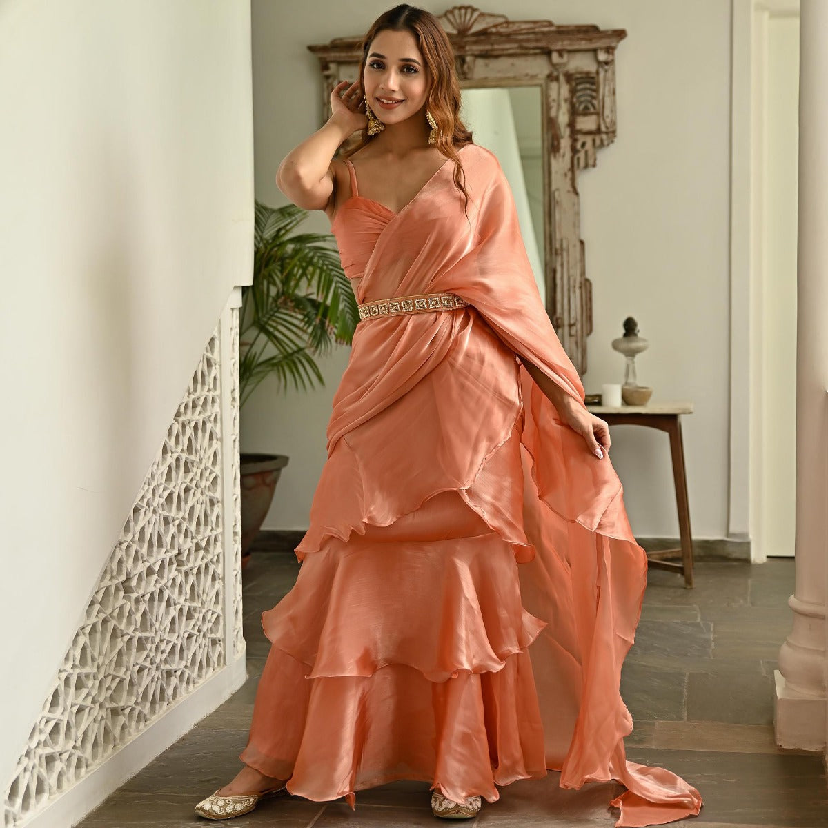 Peach Organza Ruffle Saree