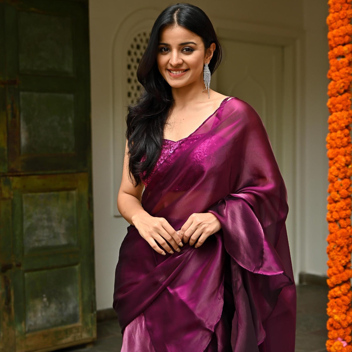 Magenta Organza Ruffle Saree