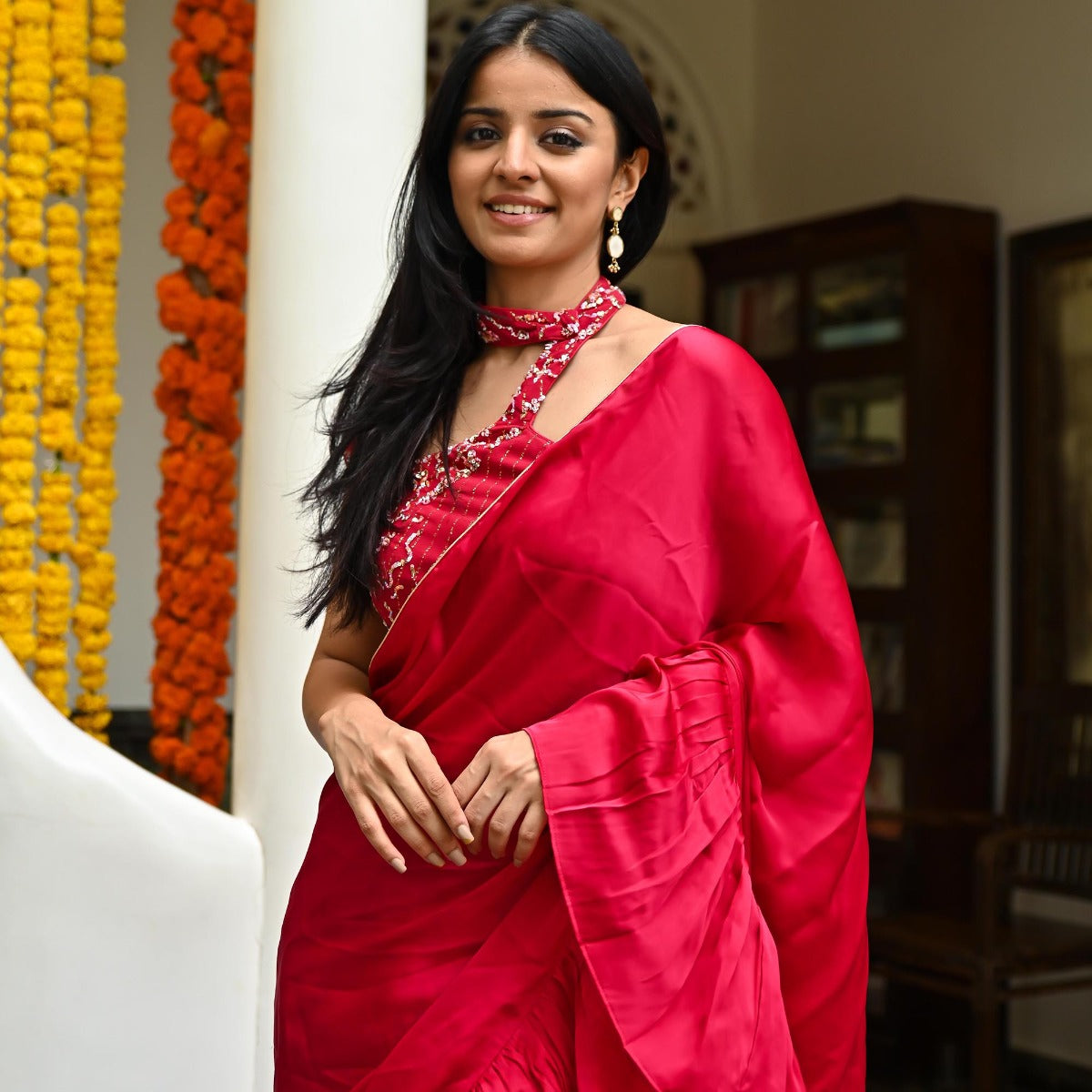 Pink Silk Ruffle Saree