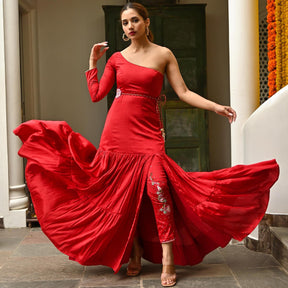 Red Embroidered Slit Dress