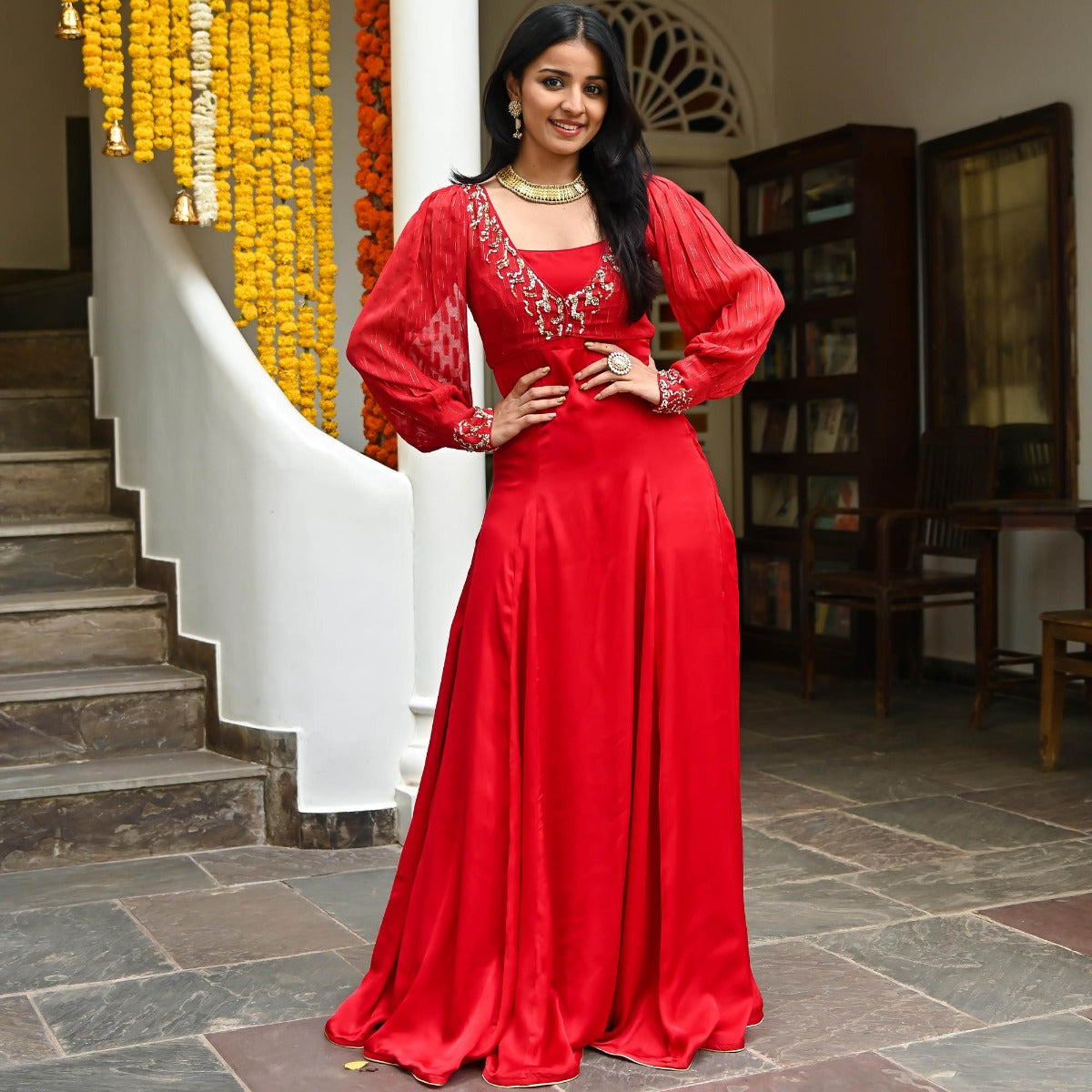 Red Silk Embroidered Anarkali