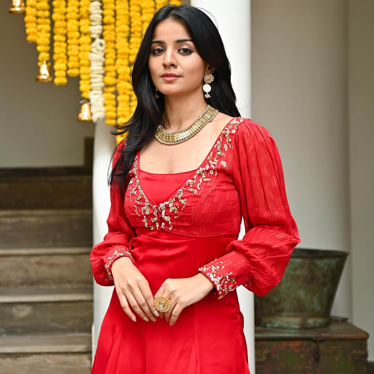 Red Silk Embroidered Anarkali