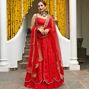 Red Silk Embroidered Lehenga