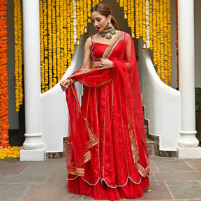 Red Silk Embroidered Lehenga