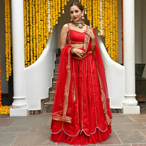 Red Silk Embroidered Lehenga