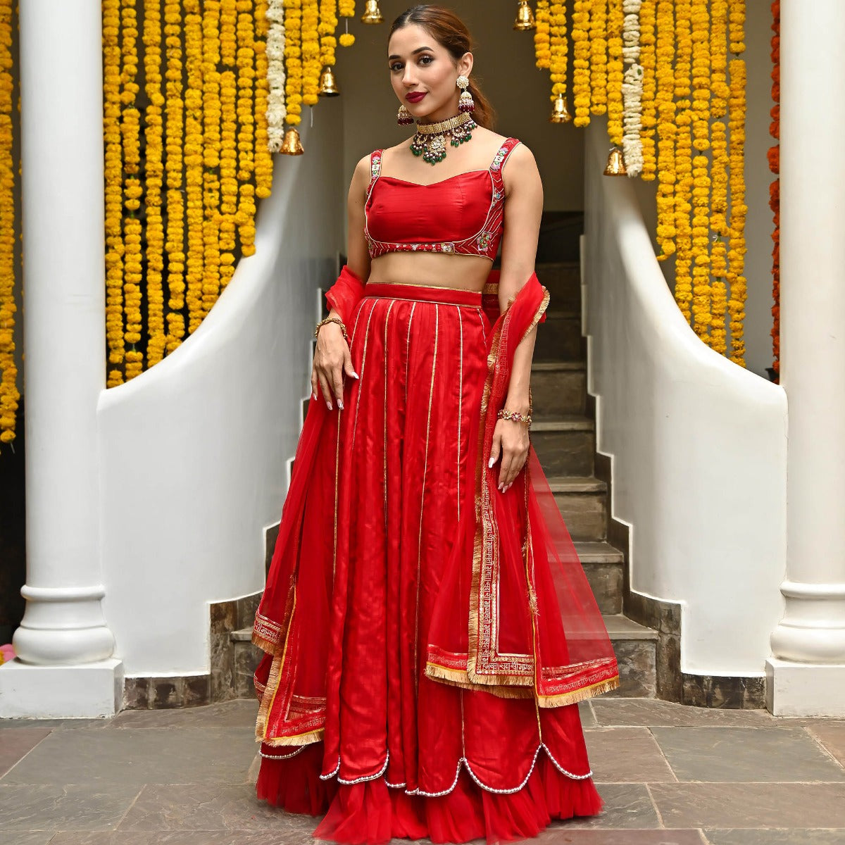 Red Silk Embroidered Lehenga