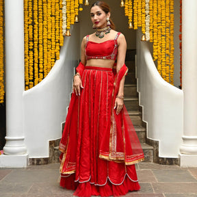 Red Silk Embroidered Lehenga