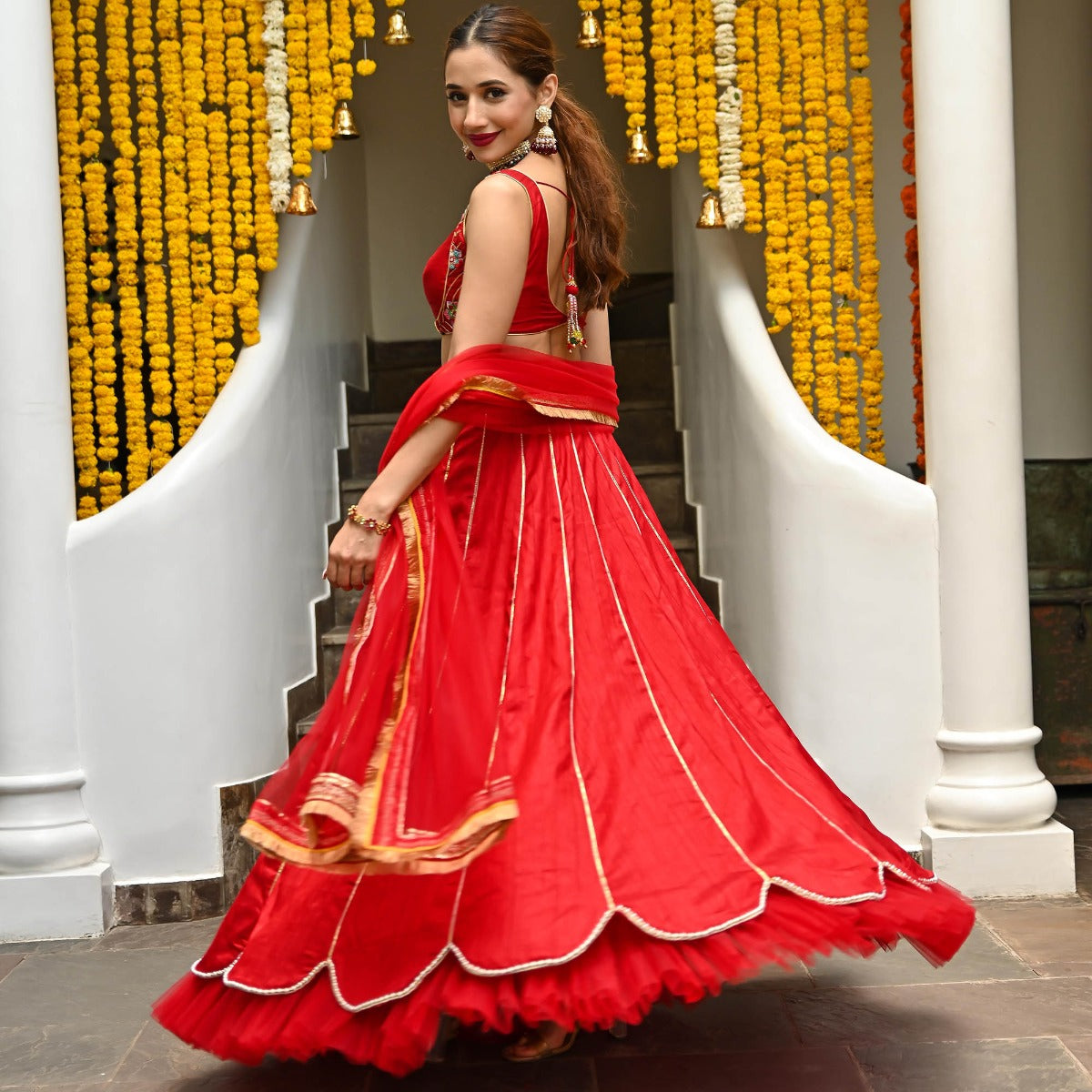 Red Silk Embroidered Lehenga