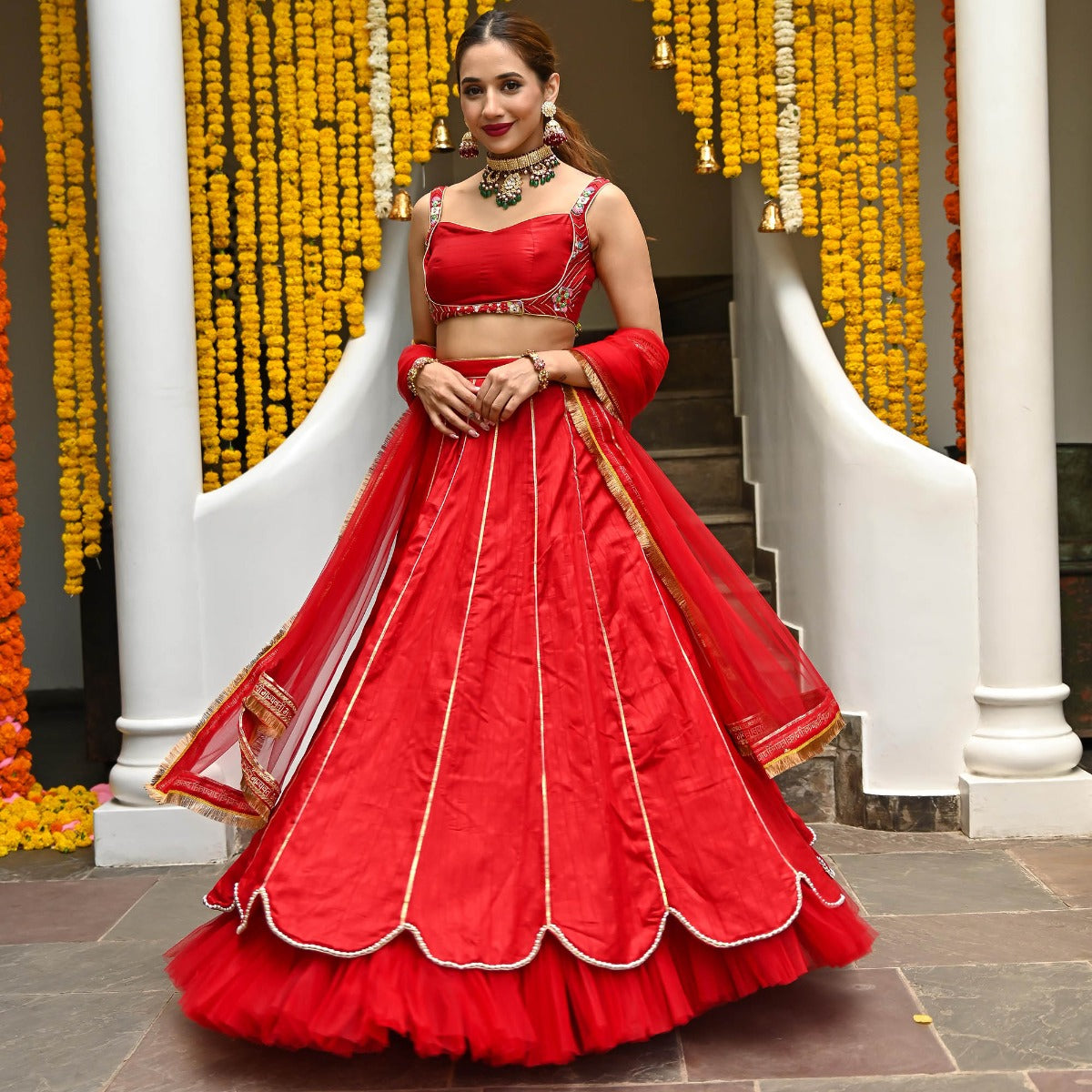 Red Silk Embroidered Lehenga