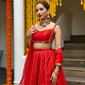 Red Silk Embroidered Lehenga