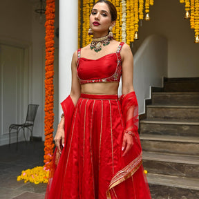 Red Silk Embroidered Lehenga