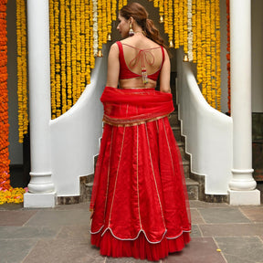 Red Silk Embroidered Lehenga