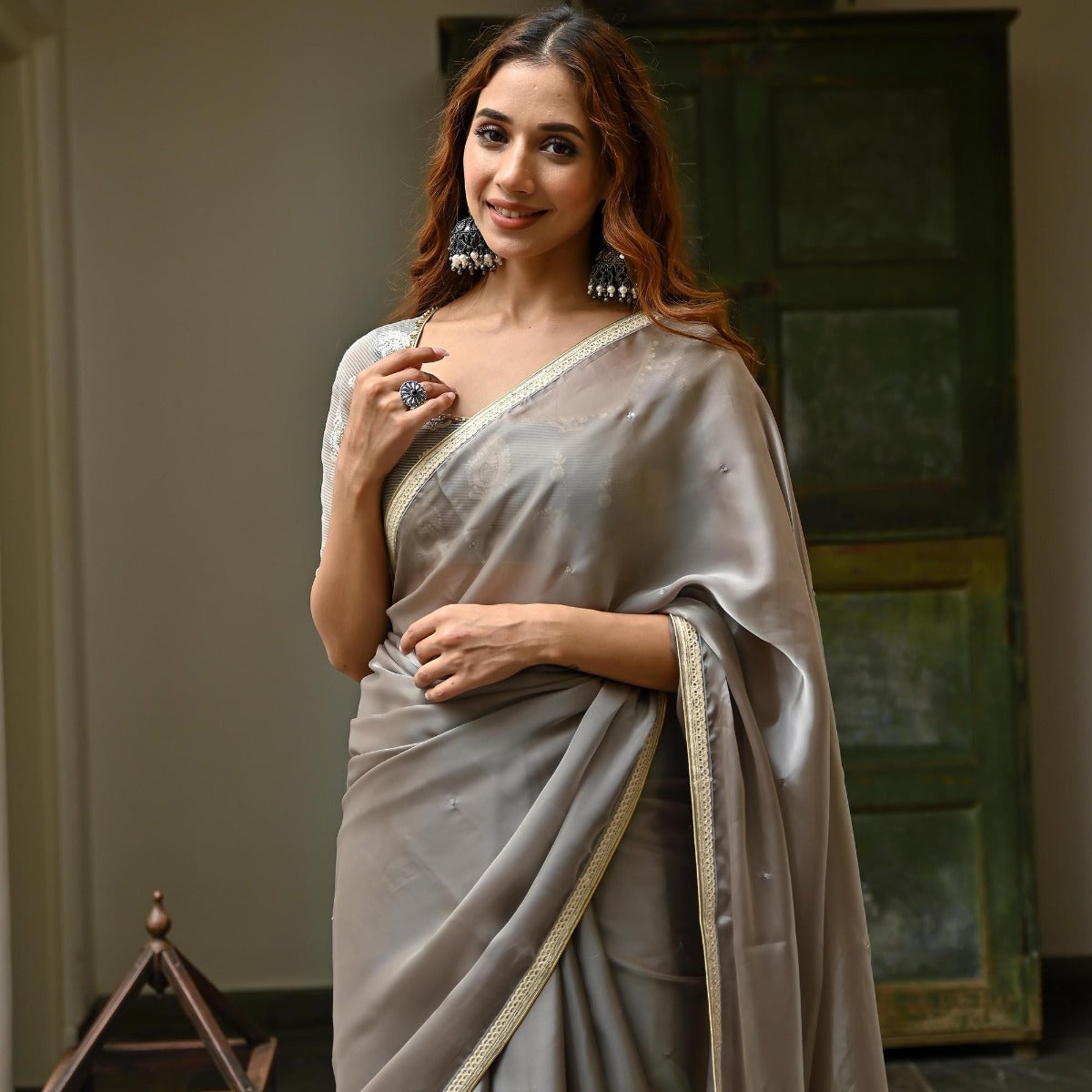 Grey Saree With Kota Doriya Blouse