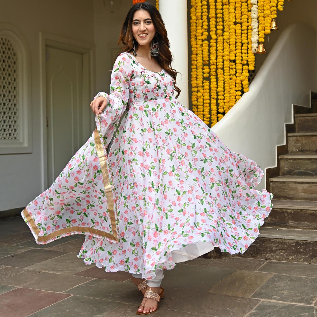 White Printed  Anarkali