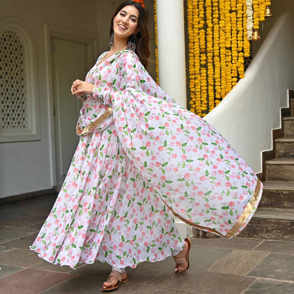 White Printed  Anarkali