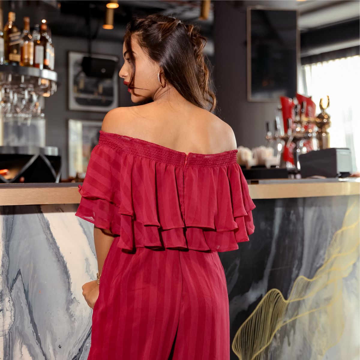 Maroon Off Shoulder Jumpsuit