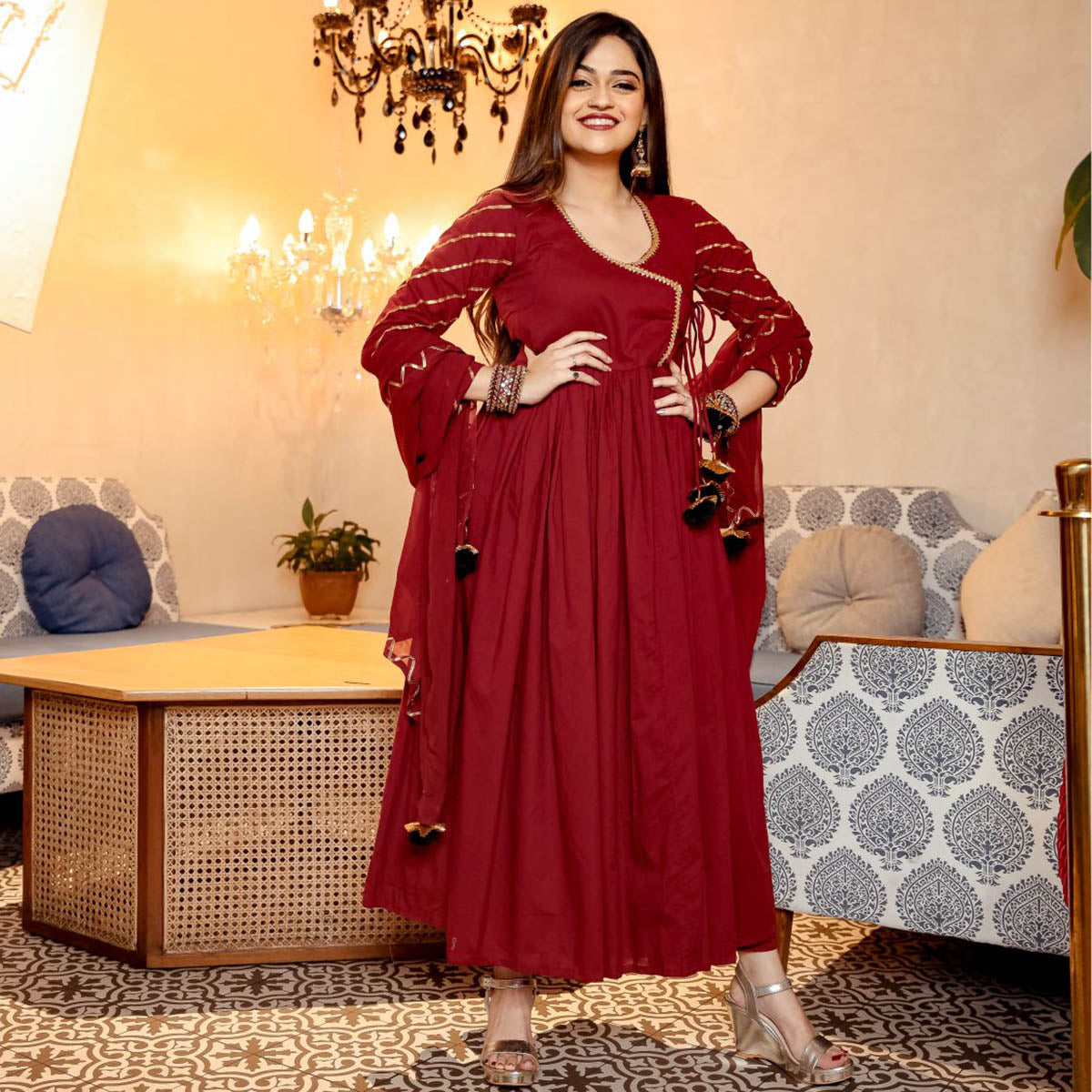 Maroon Pant Style Anarkali Suit Set