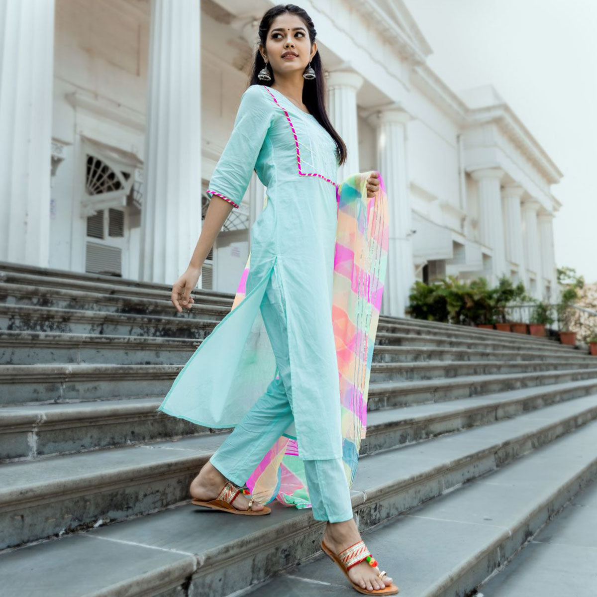 Solid Blue Multicolour Dupatta Set