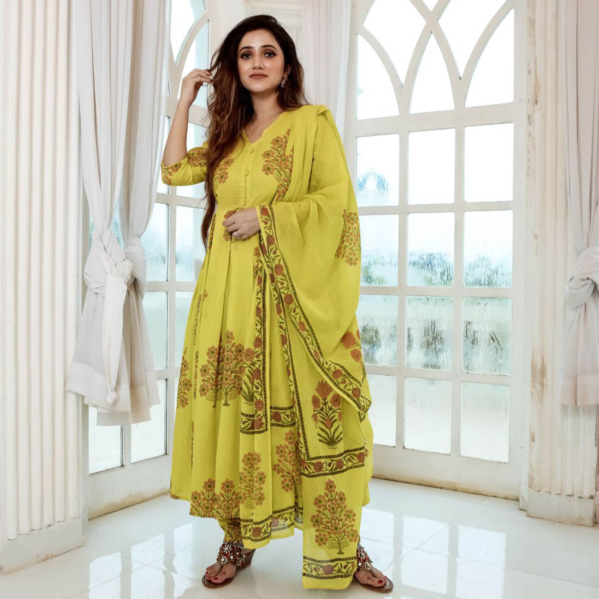 Mustard Green Anarkali Suit Set