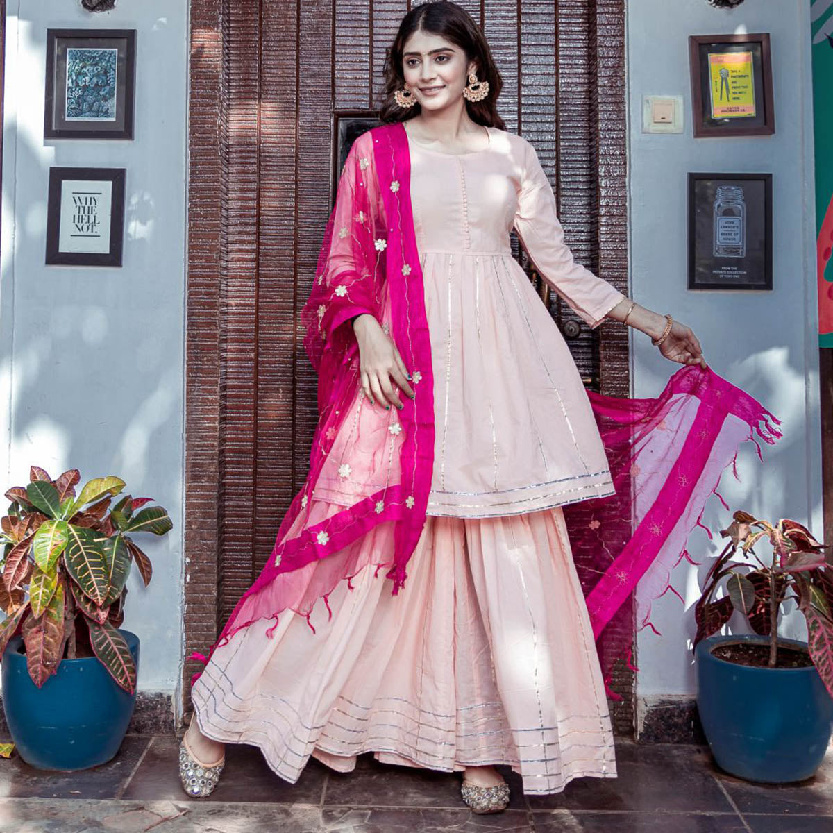 Peach Kurta Sharara Set With Dupatta