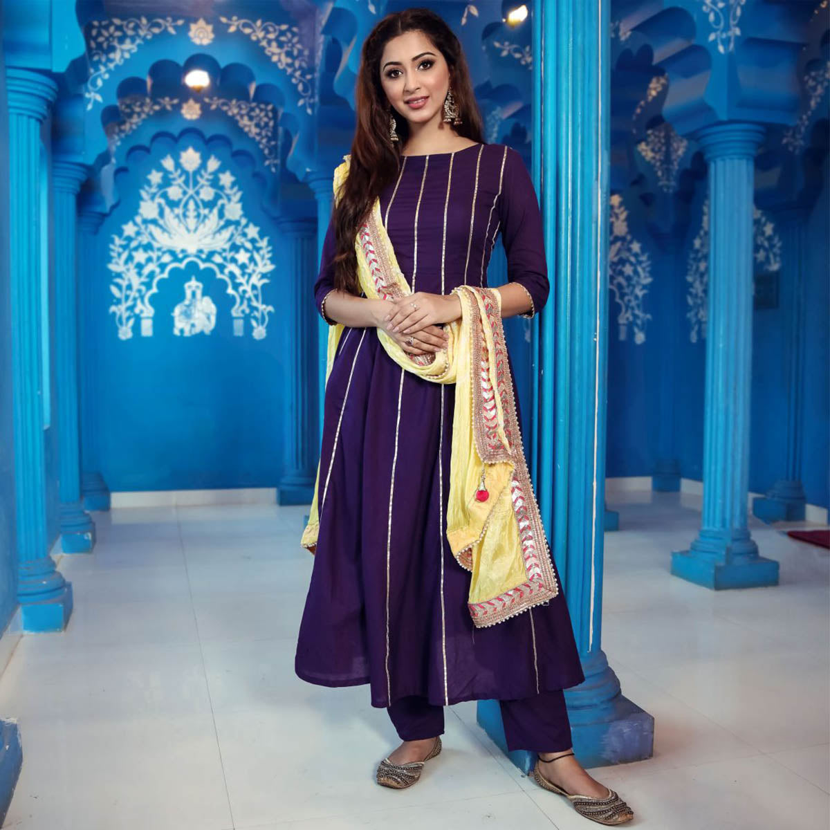 Purple Bandhej Anarkali Suit Set