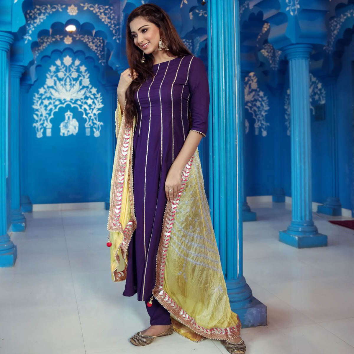 Purple Bandhej Anarkali Suit Set