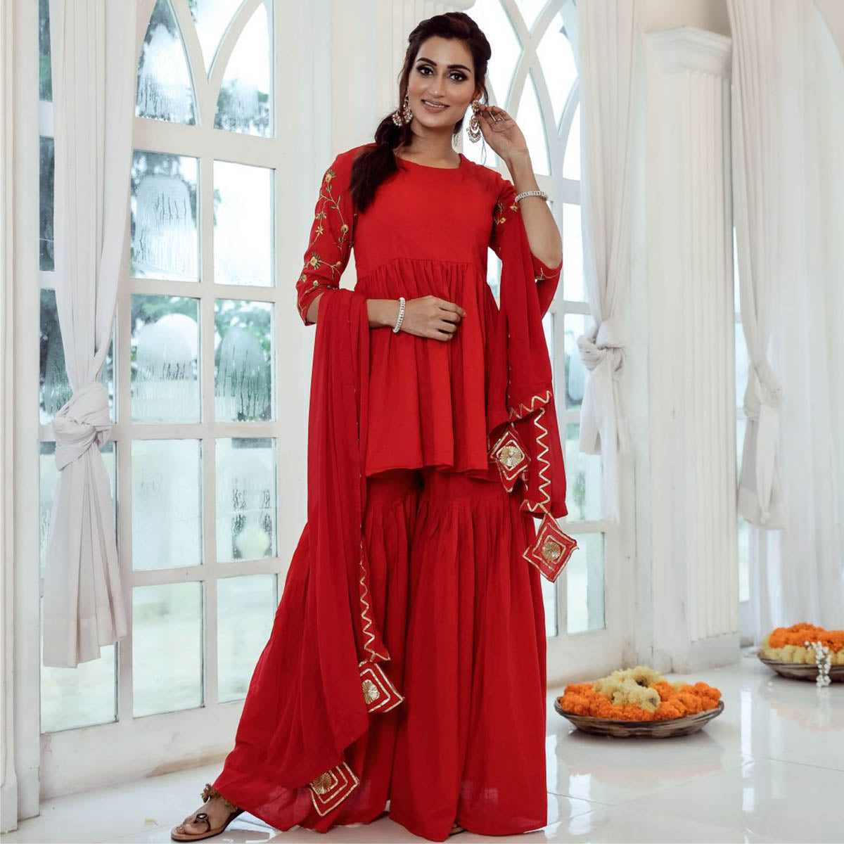 Red Embroidered Sharara  Set