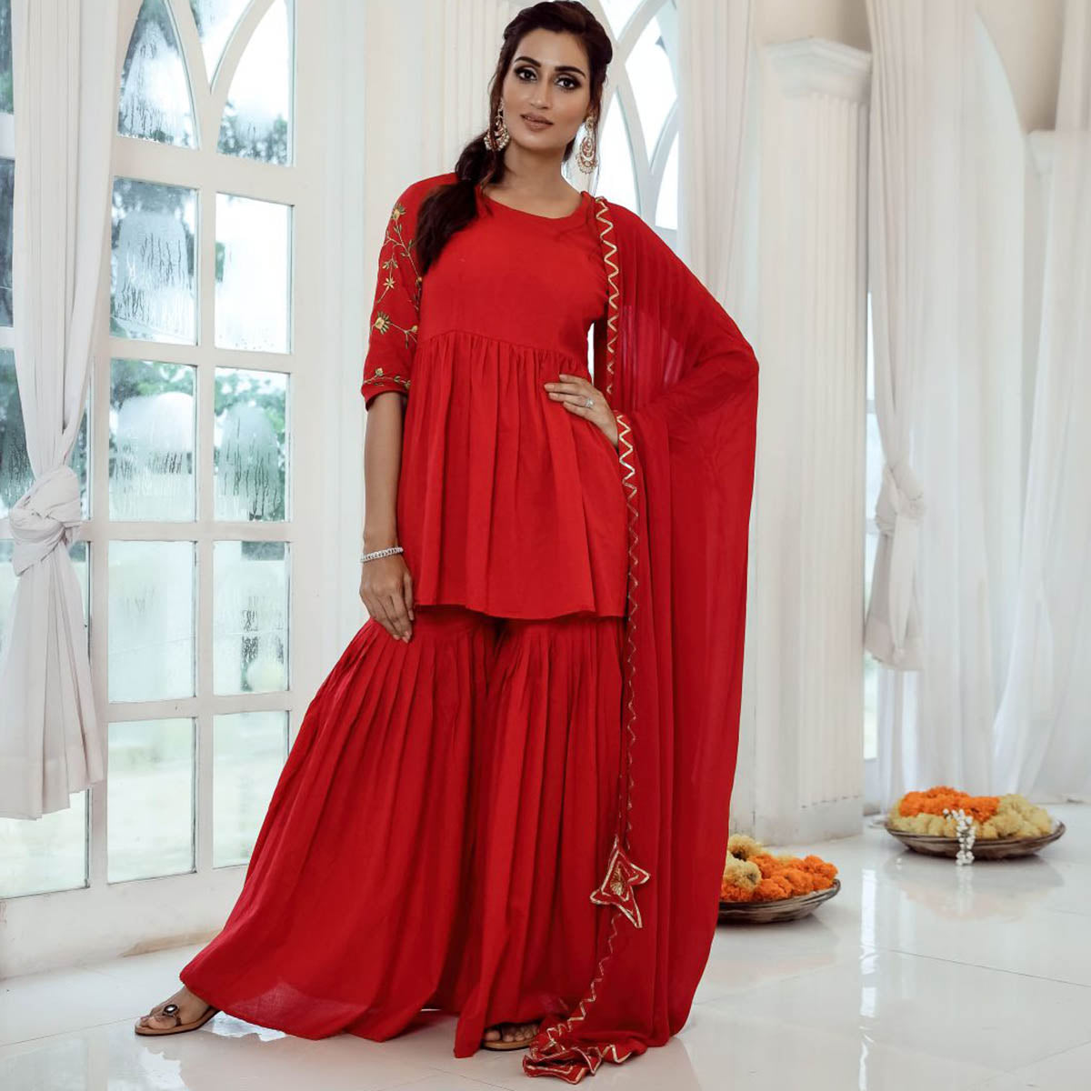 Red Embroidered Sharara  Set