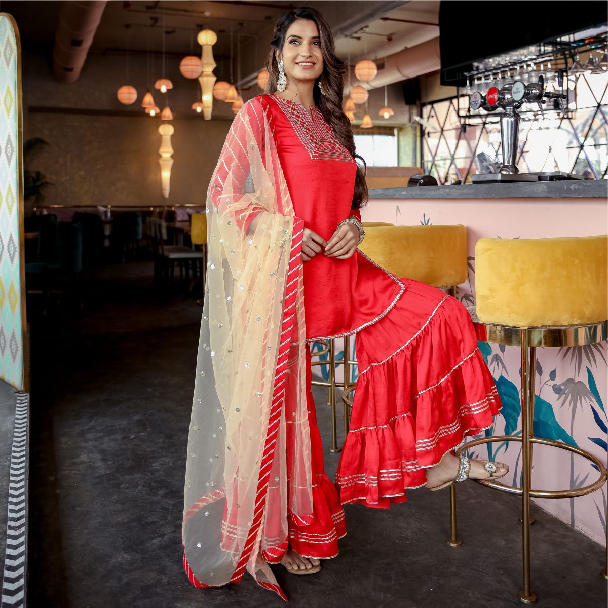 Red Sharara Gota With Dupatta