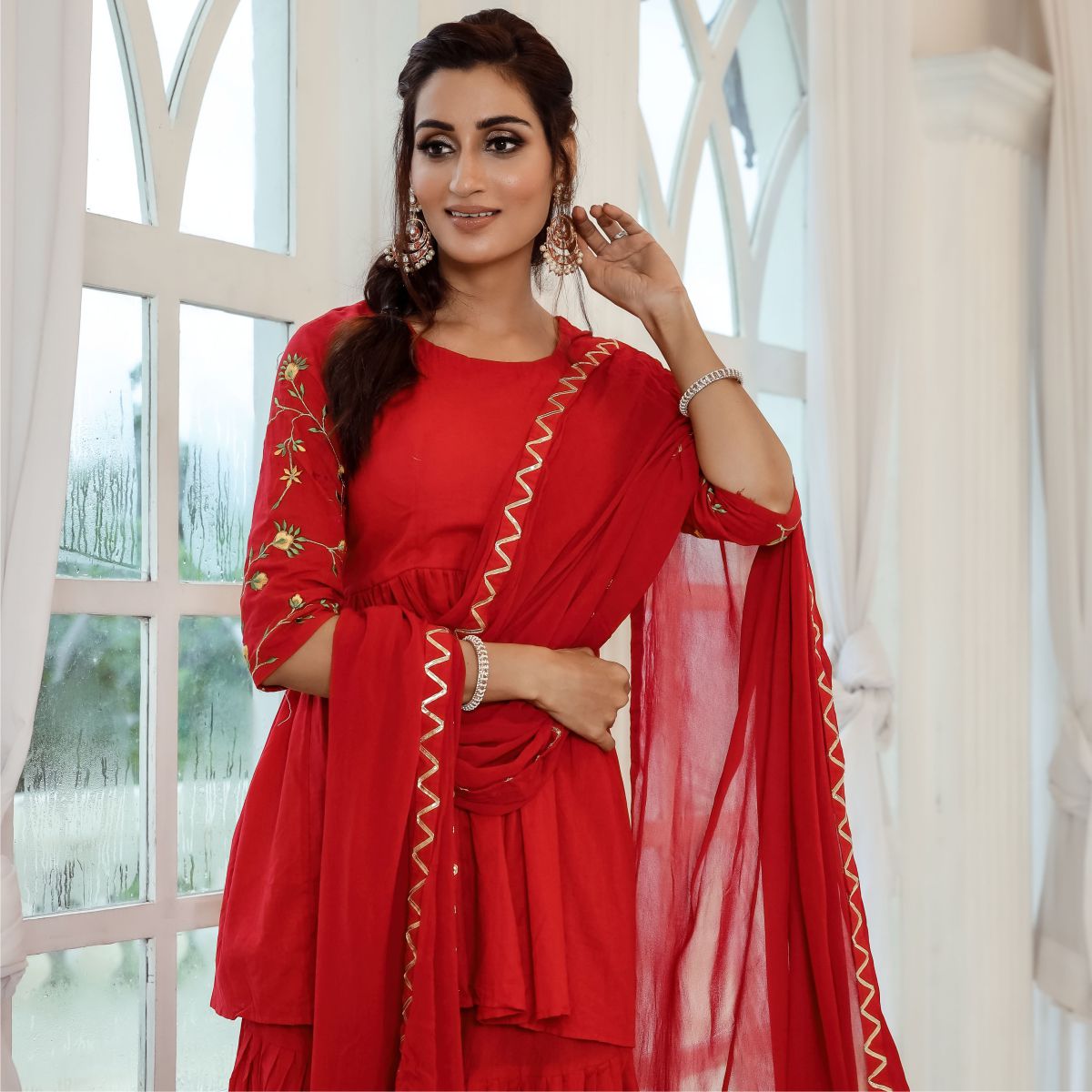 Red Embroidered Sharara  Set