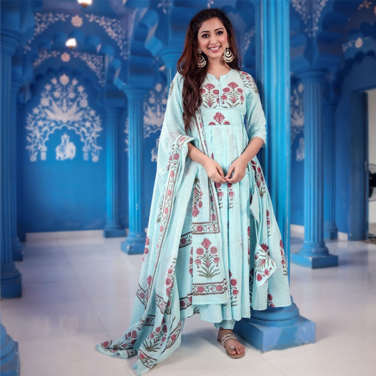 Blue Printed Anarkali Suit Set