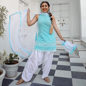 Blue Cotton Reem Patiala Set