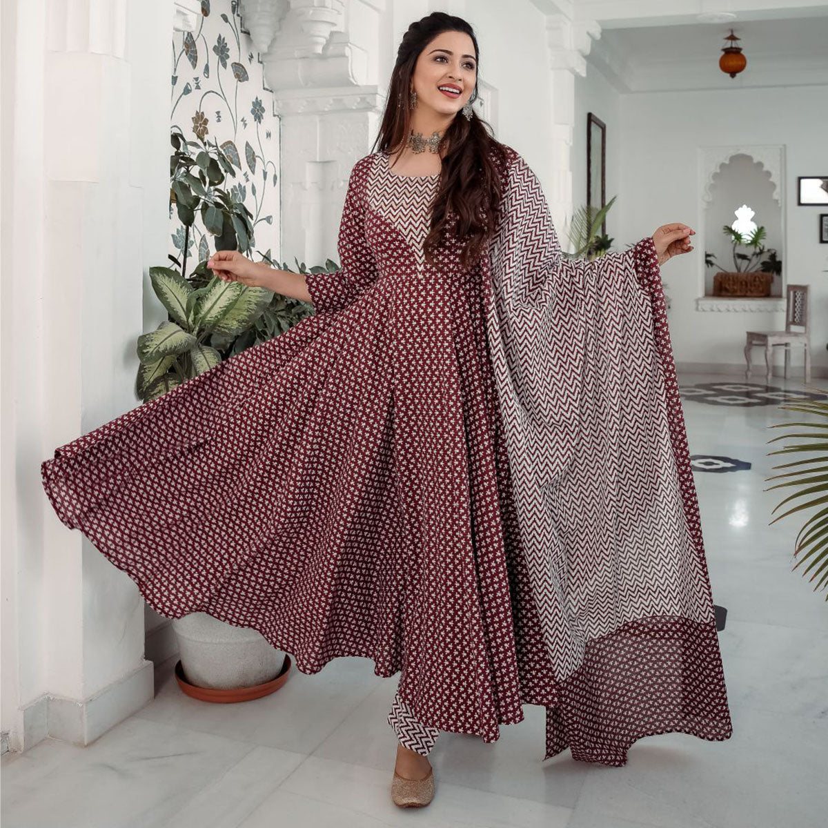 Maroon Anarkali Printed Dupatta Set