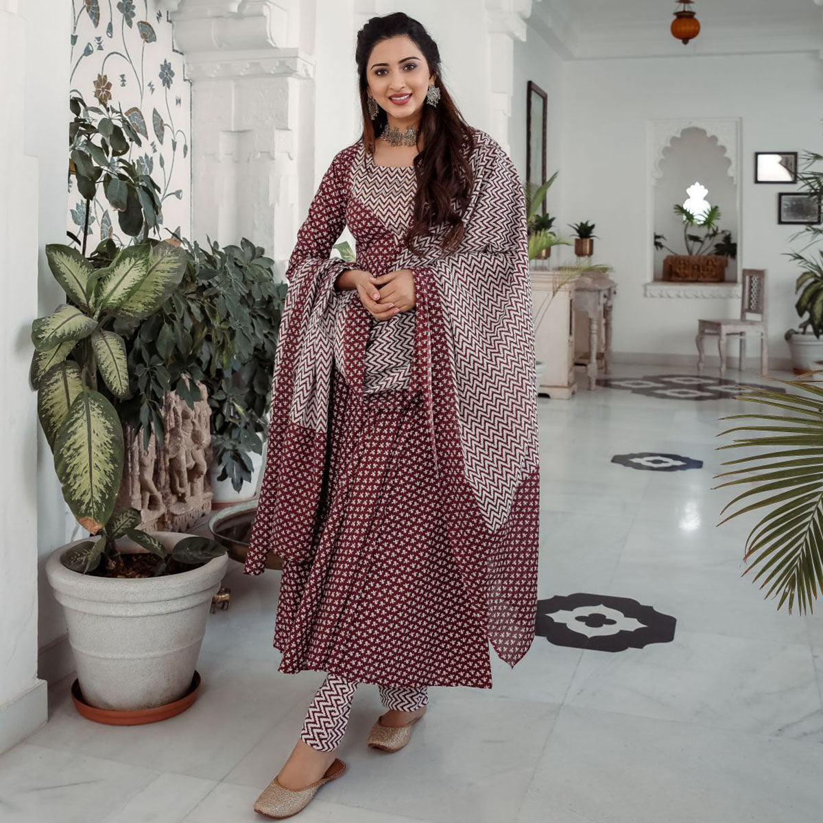 Maroon Anarkali Printed Dupatta Set